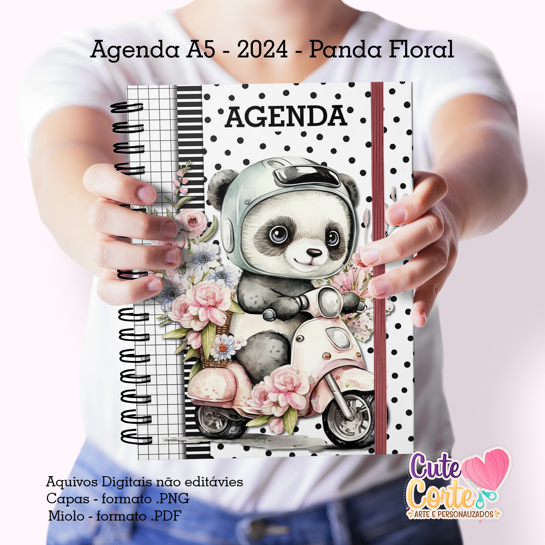 Agenda A5 – Datada – 1 DIA POR PÁGINA – 2 MIOLOS ( 2024 e PERMANENTE) –  Floral Rosa e Azul – Cute Corte