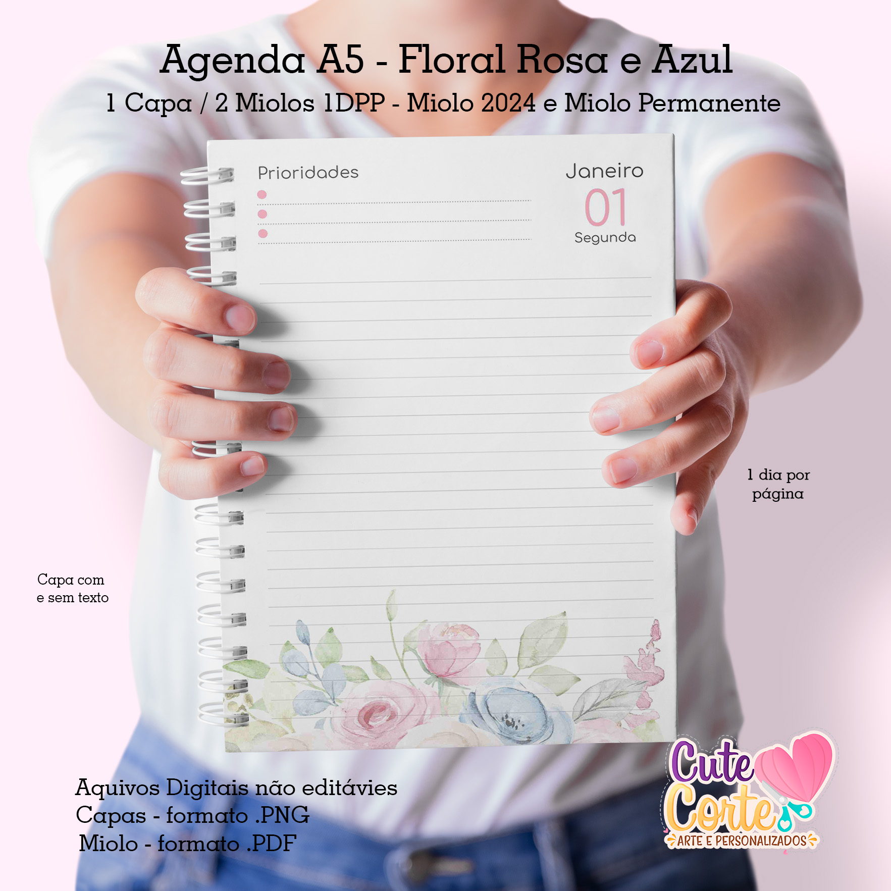 Agenda A5 – Datada – 1 DIA POR PÁGINA – 2 MIOLOS ( 2024 e PERMANENTE) –  Floral Rosa e Azul – Cute Corte
